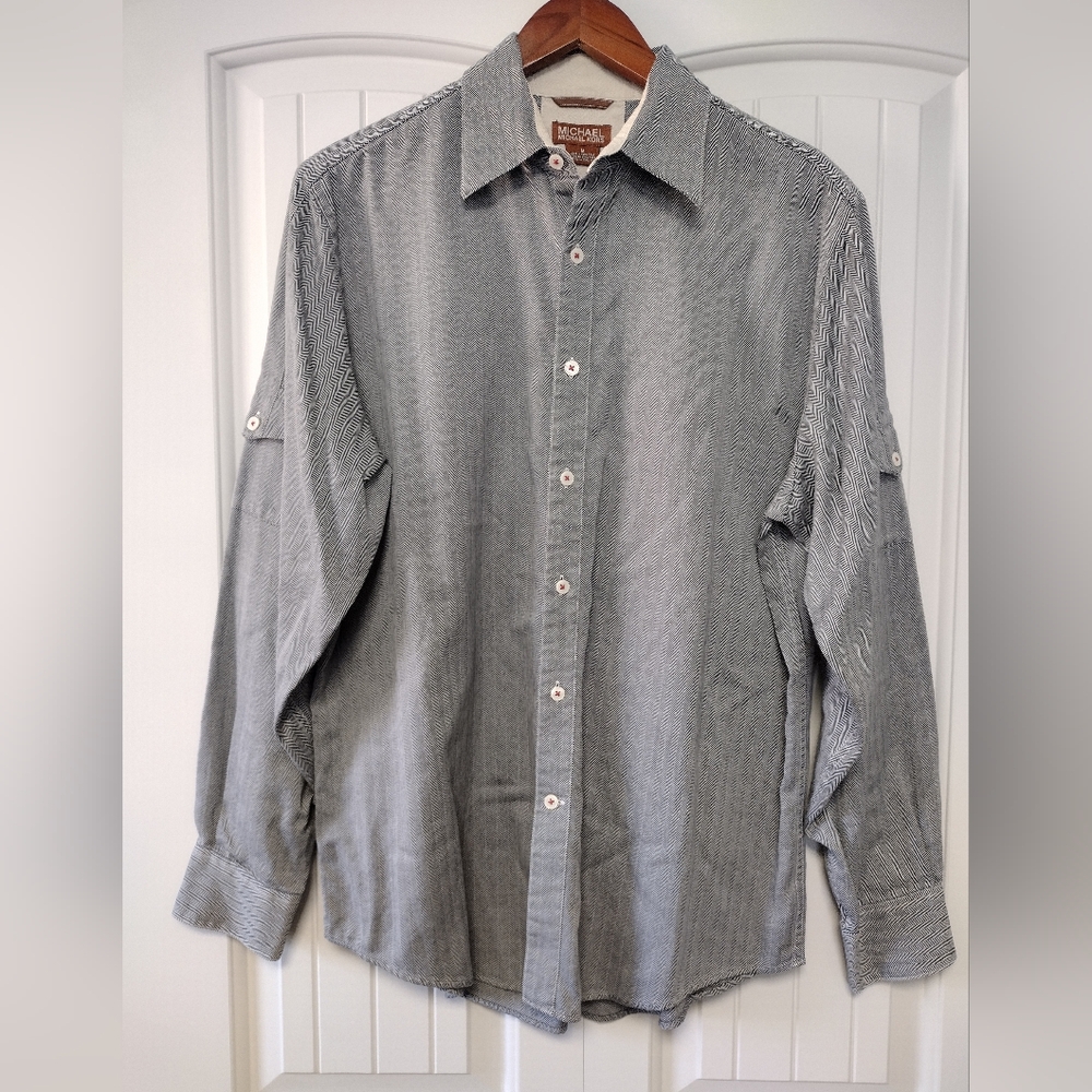 Michael Kors Men's Long sleeve Black White Herringbone Button Up Shirt Medium